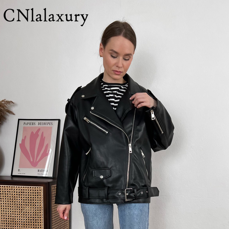Men's Leather Faux CNlalaxury Jacket Women Casual PU Loose Motorcycle Outwear Female Streetwear Oversized Coat Korean Chic Spring 220922