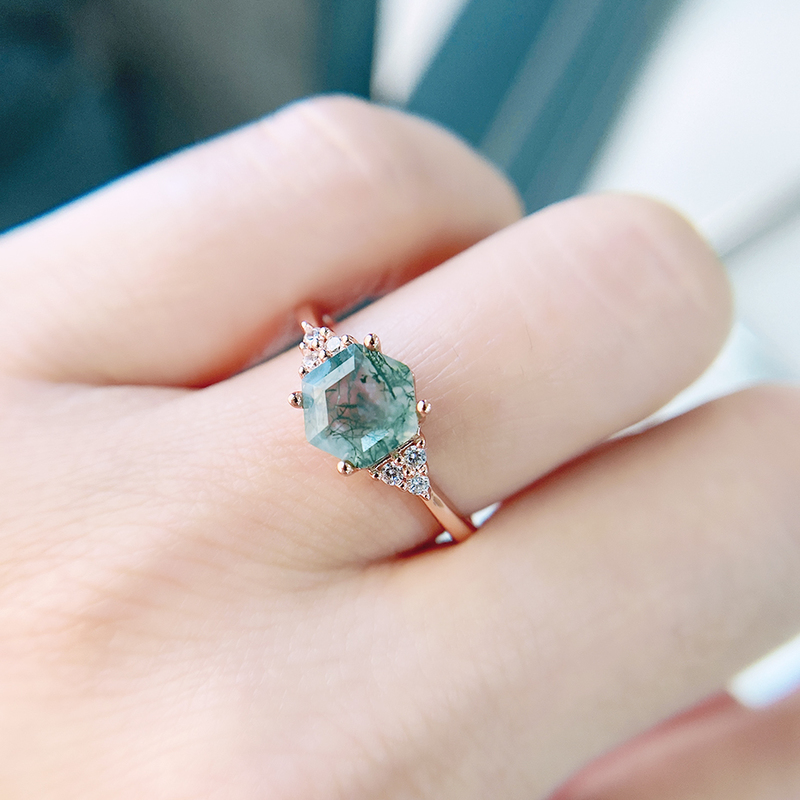 Wedding Rings GZXSJG Natural Moss Agate Gemstones Ring for Women Solid 925 Sterling Silver Korean Trendy Hexagon Engagement Jewel 220921