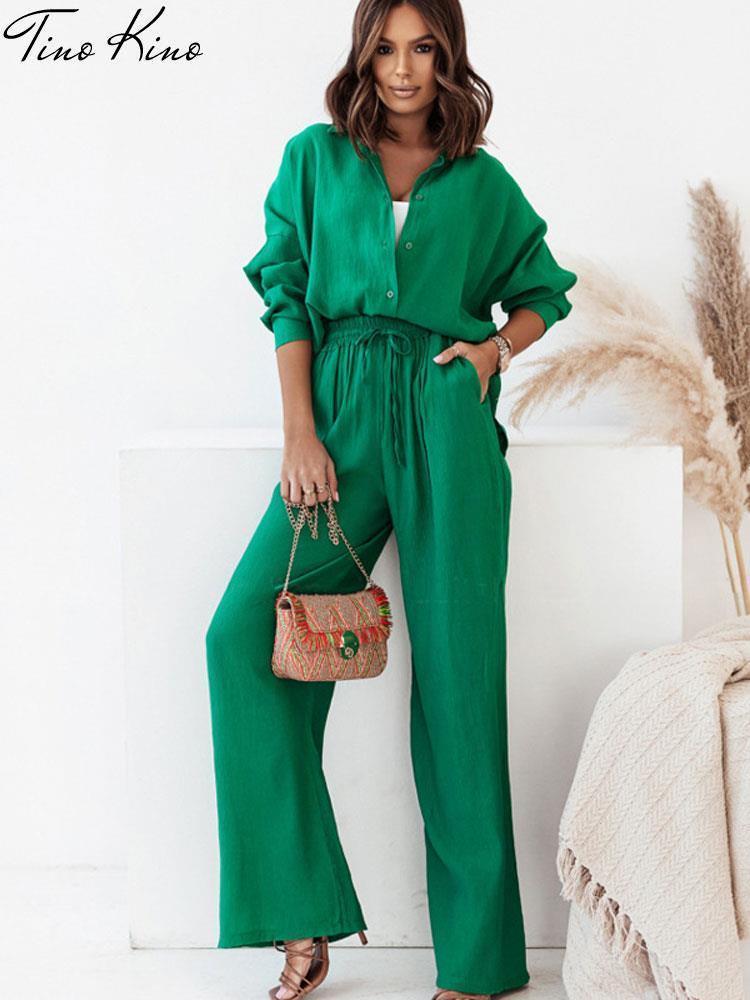 Women's Two Piece Pants Casual Women Tracksuit Shirts Pant Suit Summer Long Sleeve Shirt Wide Leg Pants 2 Pieces Set Female Lady Fashion Outfit 2