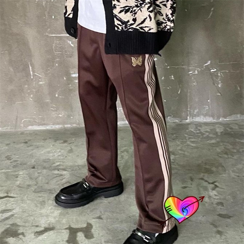 Men's Pants Brown AWGE Needles Pants Men Women 1 1 High Quality White Stripe Needles Track Pants Embroidered Butterfly Staight Trousers 220922