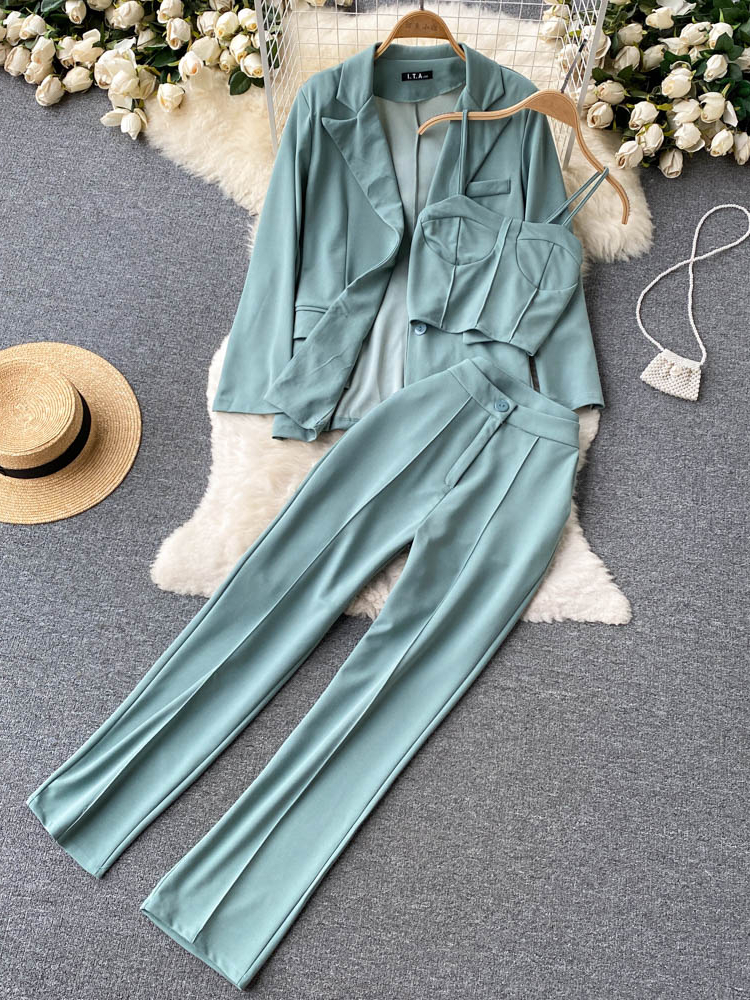 Women's Two Piece Pants Women Elegant Blazer Three Piece Sets Sexy Tank Tops Loose Jacket and Slim High Waisted Long Pants Suits Woman Outfits 22