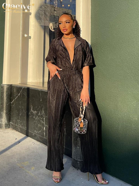 Women's Two Piece Pants Clacive Summer Short Sleeve Shirts Set Woman 2 Pieces Sexy Green Pleated Trouser Suits Female Casual High Waist Wide Pant