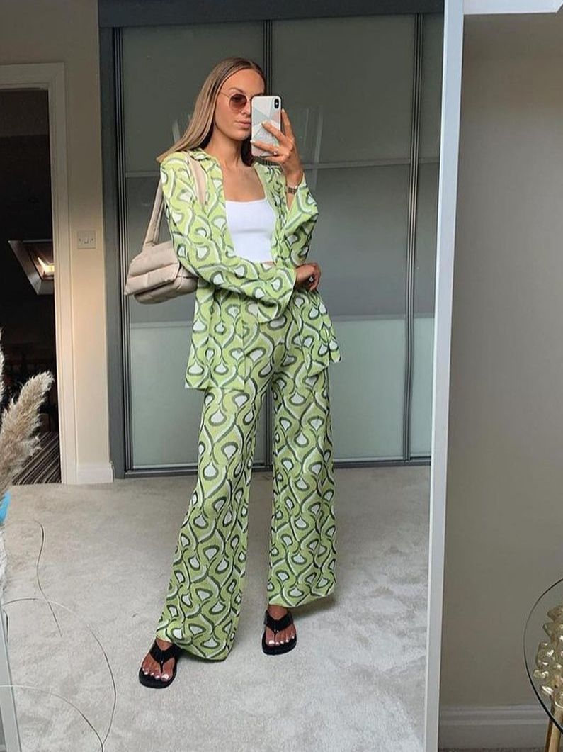 Women's Two Piece Pants KONDALA Vintage Green Geometric Women Suit Oversized Long Shirts Women and High Waist Wide Leg Long Pants Casual Women Se