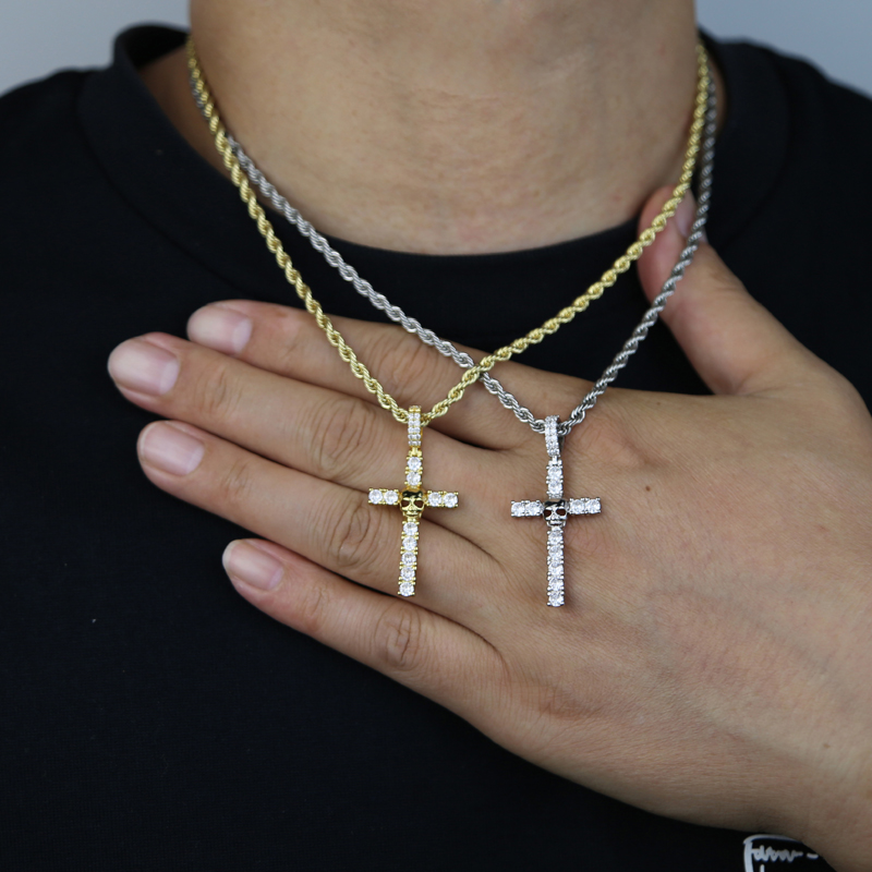 Iced Out Men Cross Pendant Paved 5A Cz Stone Plated Gold Silver Color with Rope Chain Hip Hop Jewelry Wholesale Factory Price