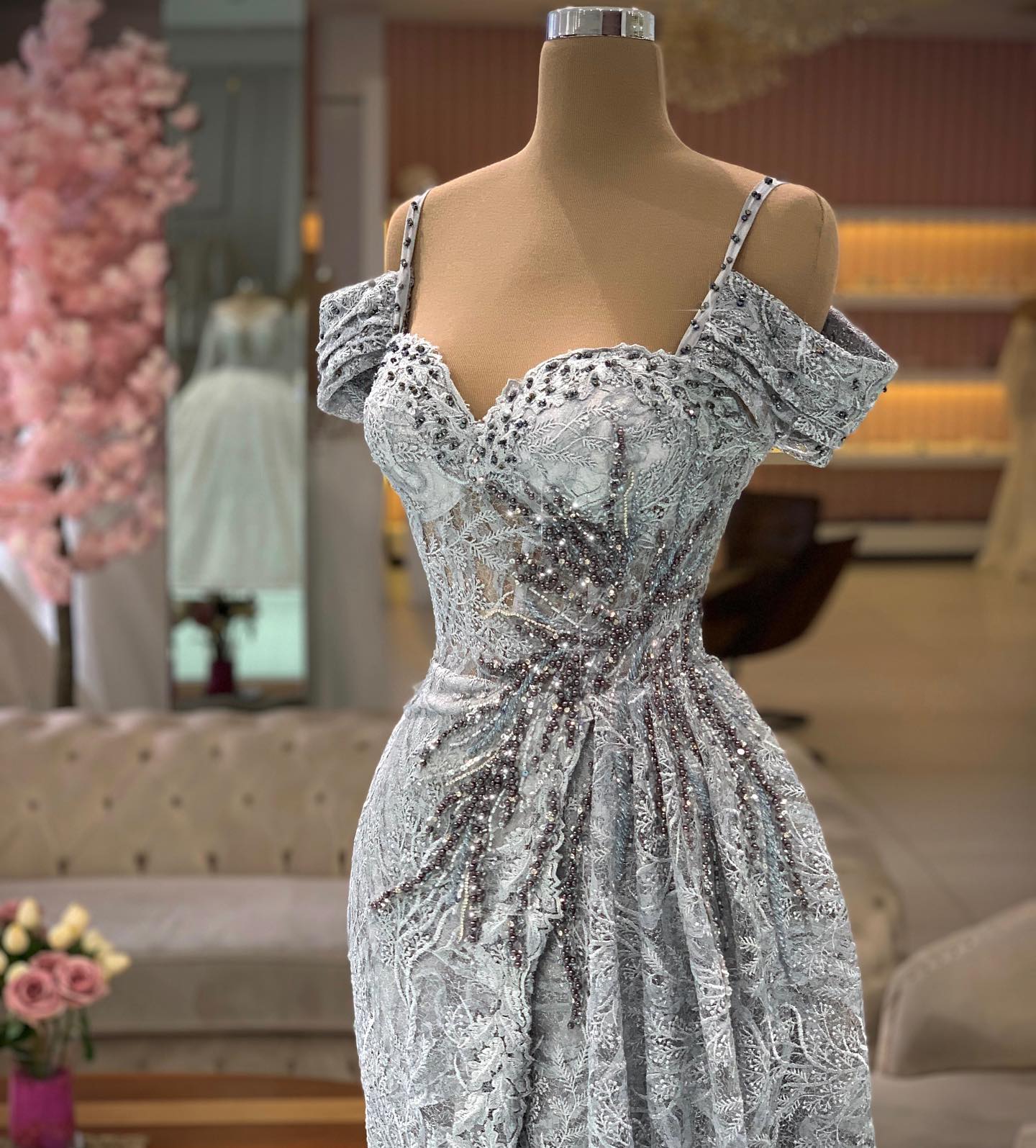 Sexy Mermaid Grey Prom Dresses Lace Appliques Spaghetti Straps Party Dresses Beading Custom Made Evening Dress