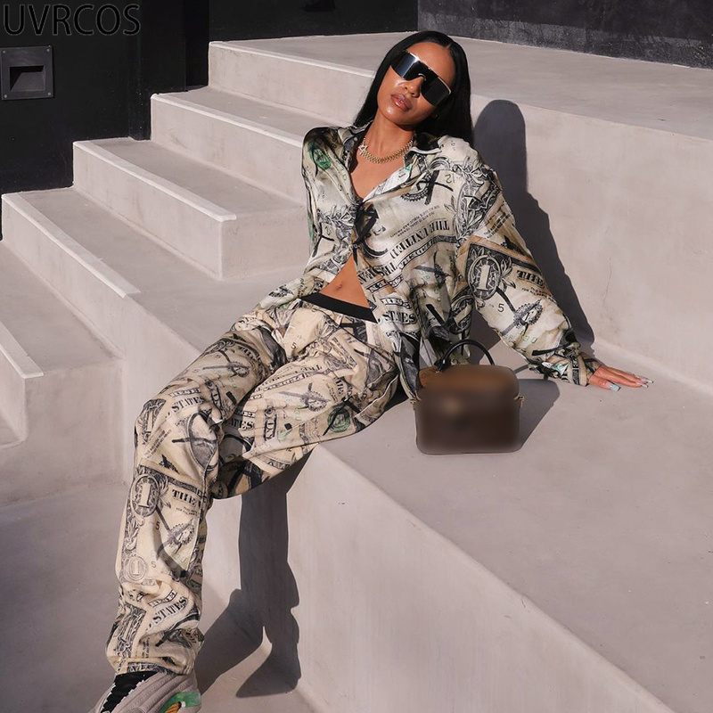 Women's Two Piece Pants UVRCOS Suit Women Fall Womens Fashion Print Turndown Neck Singlebreasted Long Sleeve TopsStraight Trousers Tracksuit 2209