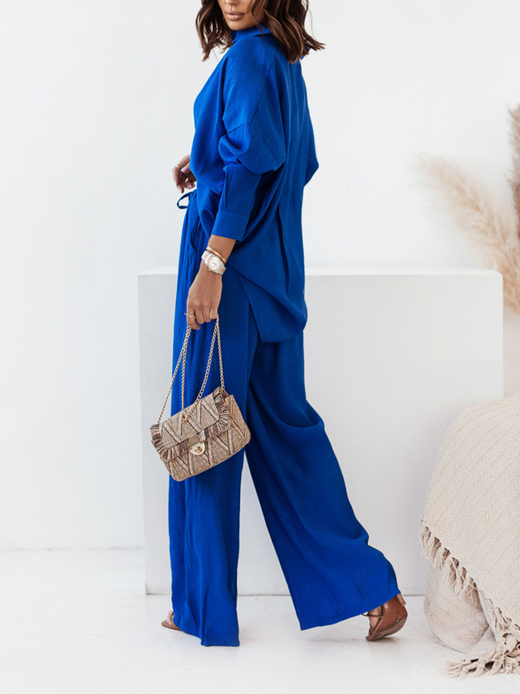 Women's Two Piece Pants Causal Loose Women 2Piece Sets Long Sleeve Shirt With High Wasit Laceup Trousers Sets Spring Female Elegant Office Outfit