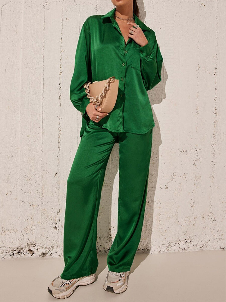 Women's Two Piece Pants Women Casual Satin 2 Piece Set Elegant Soild Female Home Suits Turndown Collar Pocket Blouses And High Wasit Trousers Tra