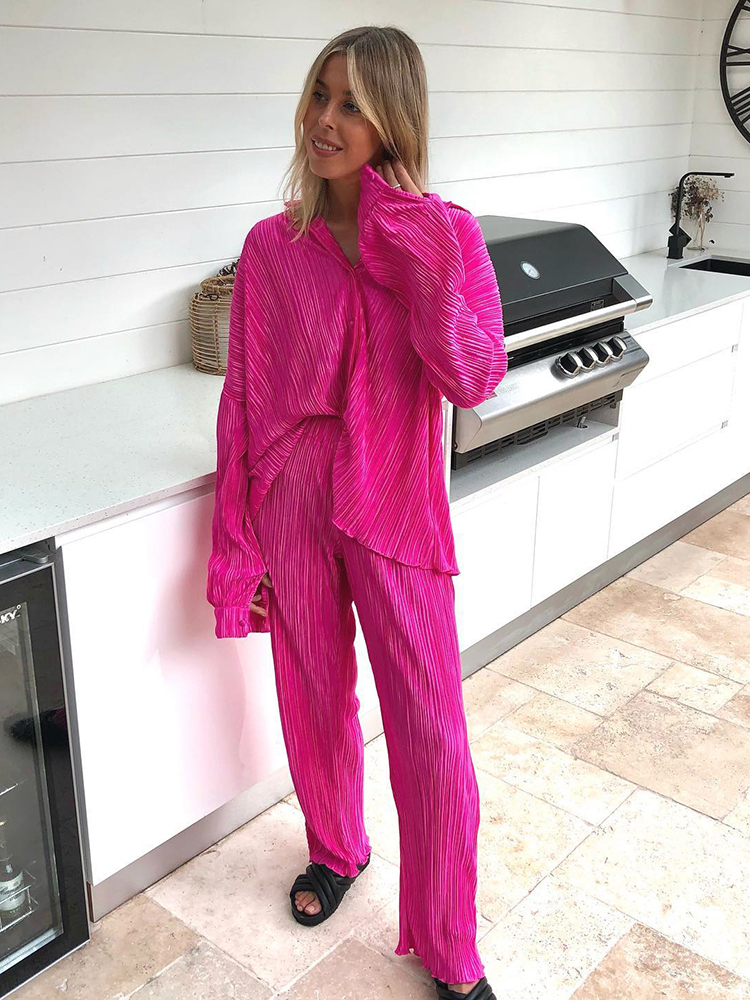 Women's Two Piece Pants Mnealways18 Pleated Fashion 2 Piece Women Wide Leg Trouses Suits And Drap Shirt Ladies Outfits 2yk Straight Long Pants Se