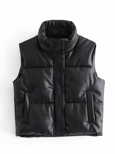 Women's Vests TRAF Women Fashion Leather Cotton Pocket Padded Waistcoat Vintage Sleeveless Female Outerwear Streetwear 220922