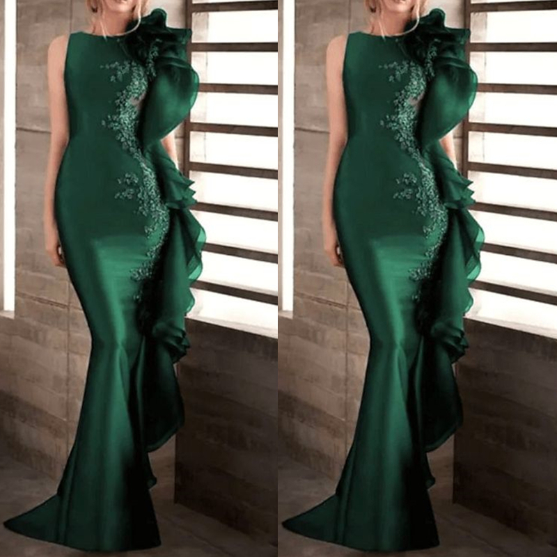 Emerald Green Mermaid Prom Dresses Ruffles Lace Appliques Sleeveless Chic Satin Formal Evening Gowns Sweep Train Fitted Long Special Occasion Dress