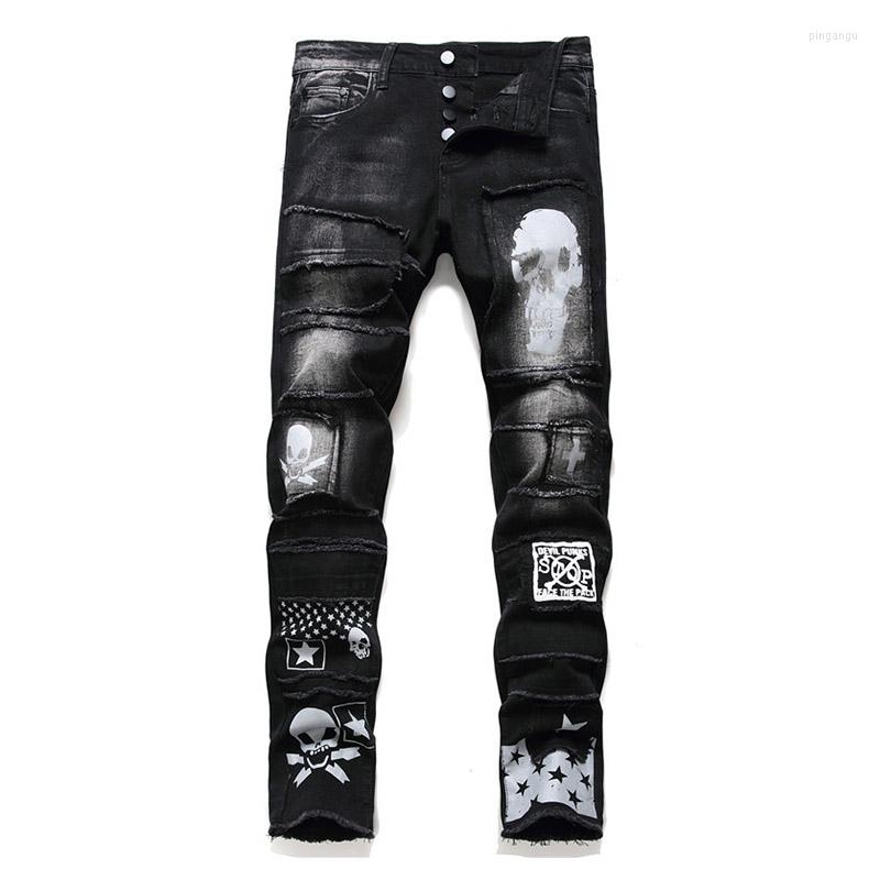 Men's Jeans Mcikkny Men Punk Skull Pants Ripped Printed Denim Trouser For Male Patchwork Washed Size 29-38, Black
Men's Jeans Mcikkny Men Punk Skull Pants Ripped Printed Denim Trouser For Male Patchwork Washed Size 29-38, Black