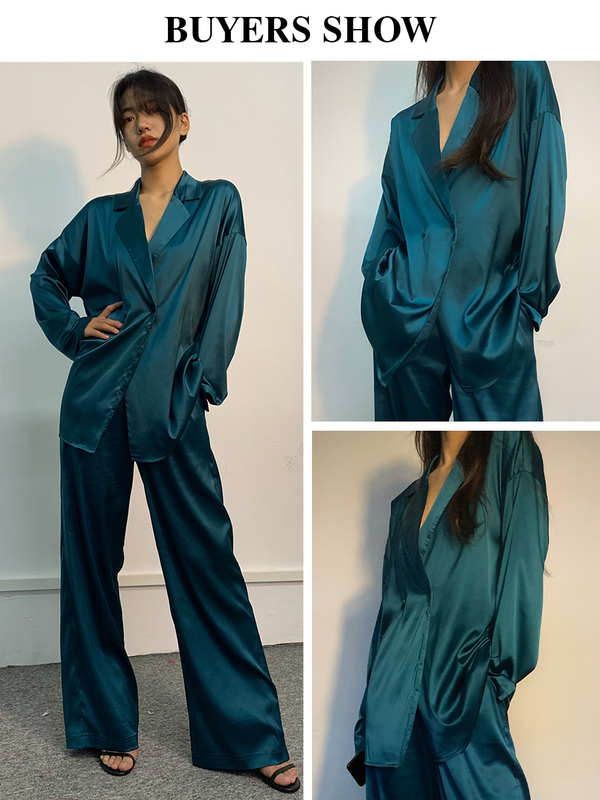 Women's Two Piece Pants Fashion Long Sleeve Blazer Two Piece Sets Women Outifits Casual Loose Office Pants Set Elegant Green Satin Trouser Suits 