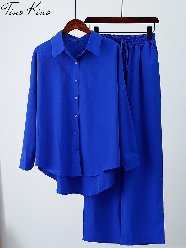 Women's Two Piece Pants Casual Women Tracksuit Shirts Pant Suit Summer Long Sleeve Shirt Wide Leg Pants 2 Pieces Set Female Lady Fashion Outfit 2