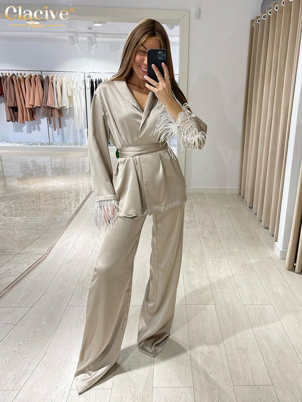 Women's Two Piece Pants Clacive Causal Loose Home Suit Autumn Fashion Khaki Satin Wide Pants Set Elegant Long Sleeve LaceUp Robes Two Piece Set W