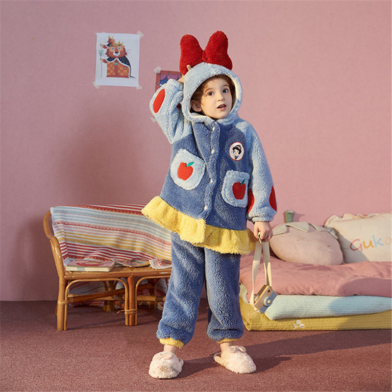 Pajamas Children Winter Hooded Cartoon Princess Fleece Set Bow Baby Longer Sleepwear Girls Coral Velvet Home Clothes Robes Thick 220922