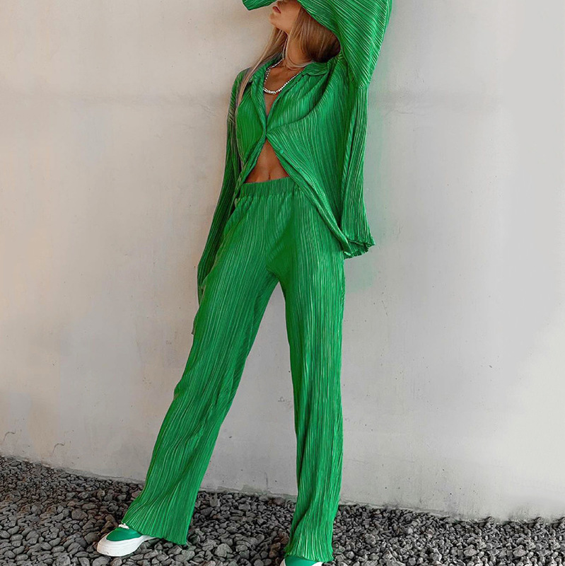Women's Two Piece Pants Two Piece Set Womens Outfits Set Pleated Women's Suit Elegant Sets Shirt High Waist Trousers Female Suit Fashion Ele