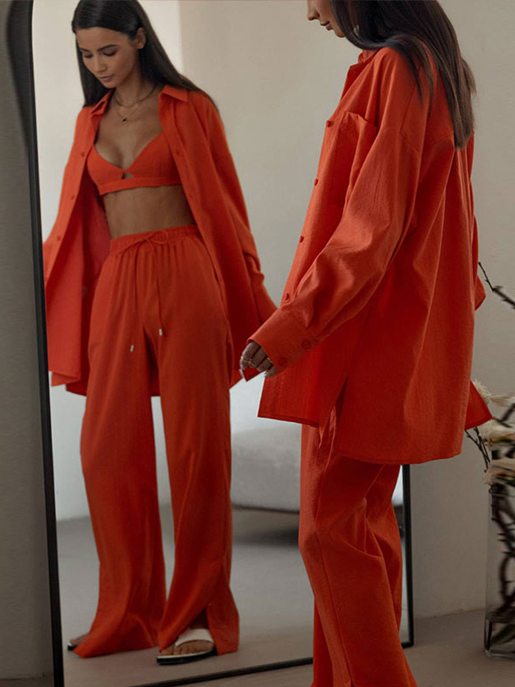 Women's Two Piece Pants Women Shirt 2 Pieces Sets Casual Office Lady Loose Chic Blouse Outfits Solid Long Sleeve Shirts And Split Trousers Suits 