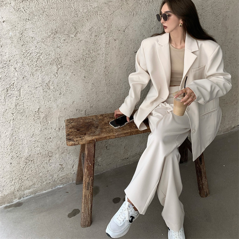 Women's Two Piece Pants Office Lady Blazer Sets Loose Two Piece Set Women Korean Style High Waist Wide Leg Trousers Pants Suits Casual Suit Coat 