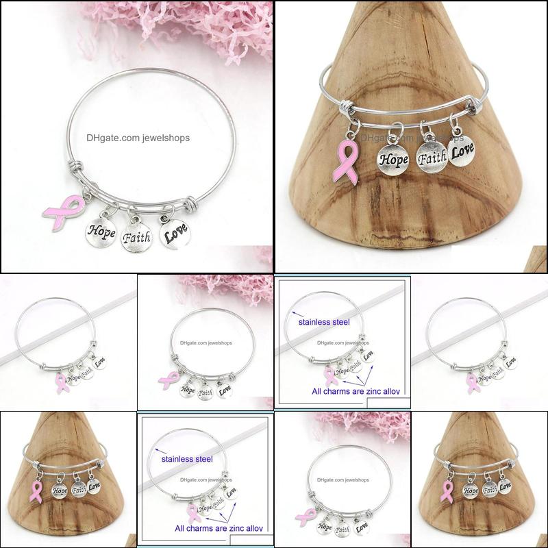 Charm Bracelets New Arrival Stainless Steel Wire Bangle Hope Faith Breast Cancer Charm Bracelets For Women Awarenesss Jewe Jewelshops Dhr5Z