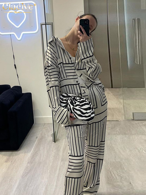 Women's Two Piece Pants Clacive Casual Print High Waist Pants Sets Women Elegant Loose Long Sleeve Blouse Home Two Piece Set Fashion Wide Trouser