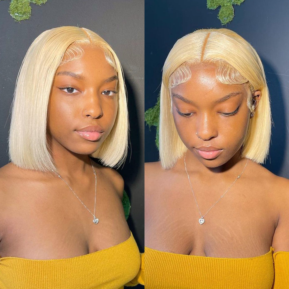 613 Honey Blonde Colored Short Bob Wig Brazilian Hair Wig Straight Lace Front Wigs Synthetic for Women