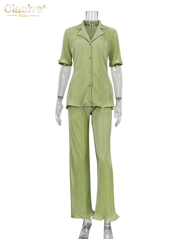 Women's Two Piece Pants Clacive Summer Short Sleeve Shirts Set Woman 2 Pieces Sexy Green Pleated Trouser Suits Female Casual High Waist Wide Pant