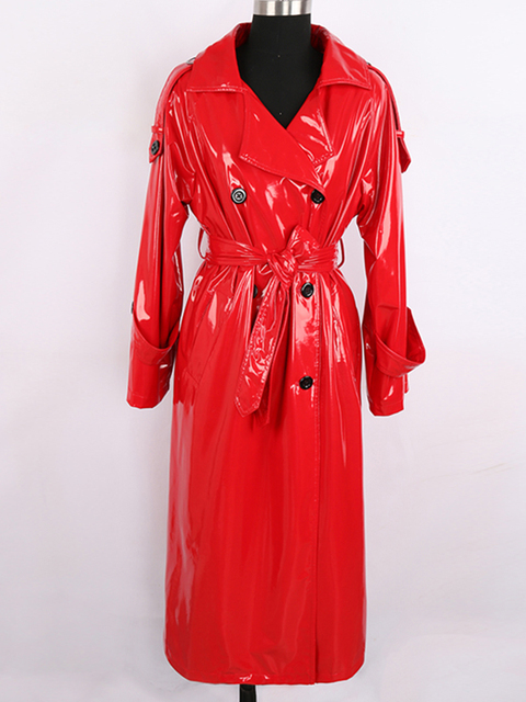 Women s Plus Size Outerwear Coats Nerazzurri Autumn Long Red Waterproof Shiny Reflective Patent Leather Trench Coat for Women Double Breasted Fashion 