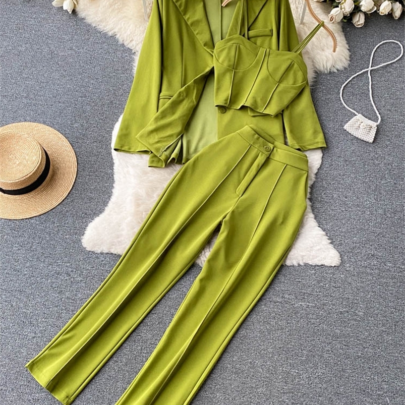 Women's Two Piece Pants Women Elegant Blazer Three Piece Sets Sexy Tank Tops Loose Jacket and Slim High Waisted Long Pants Suits Woman Outfits 22