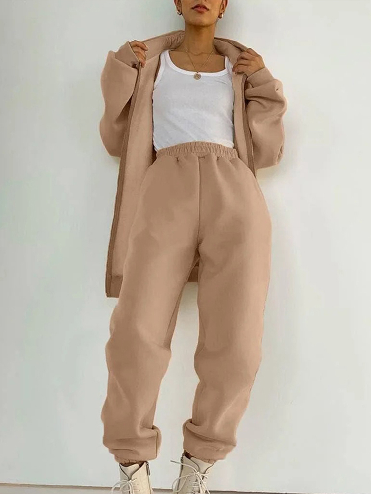 Women's Two Piece Pants Women Zip Up Hoodie Two Pieces Set Casual Solid Color Long Sleeve Pocket Coats Trousers Suit Autumn Sport Street Female O