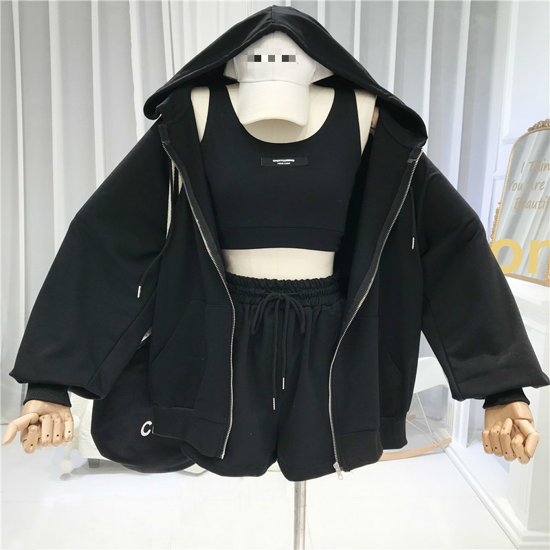 Women's Two Piece Pants Nowsaa Sexy Letter Vest Drawstring Shorts Hooded Zipper Jacket Tracksuit Threepiece Set Casual Allmatch Suit Women 220922