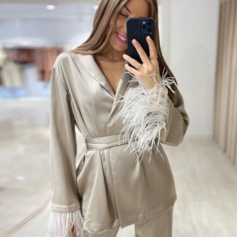 Women's Two Piece Pants Clacive Causal Loose Home Suit Autumn Fashion Khaki Satin Wide Pants Set Elegant Long Sleeve LaceUp Robes Two Piece Set W