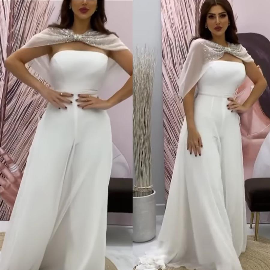 Elegant Bridal Jumpsuits Wedding Gowns With Long Cape Beaded Simple Ivory Satin Reception Dress Modern Casual Wide Legs Pants Suits Elopement Wear