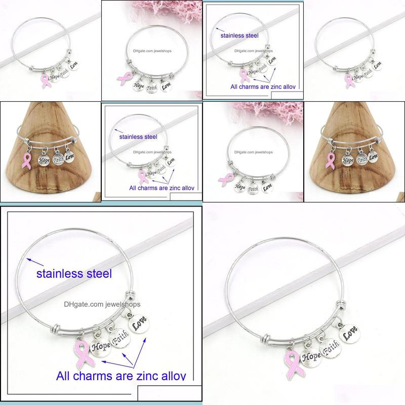 Charm Bracelets New Arrival Stainless Steel Wire Bangle Hope Faith Breast Cancer Charm Bracelets For Women Awarenesss Jewe Jewelshops Dhr5Z