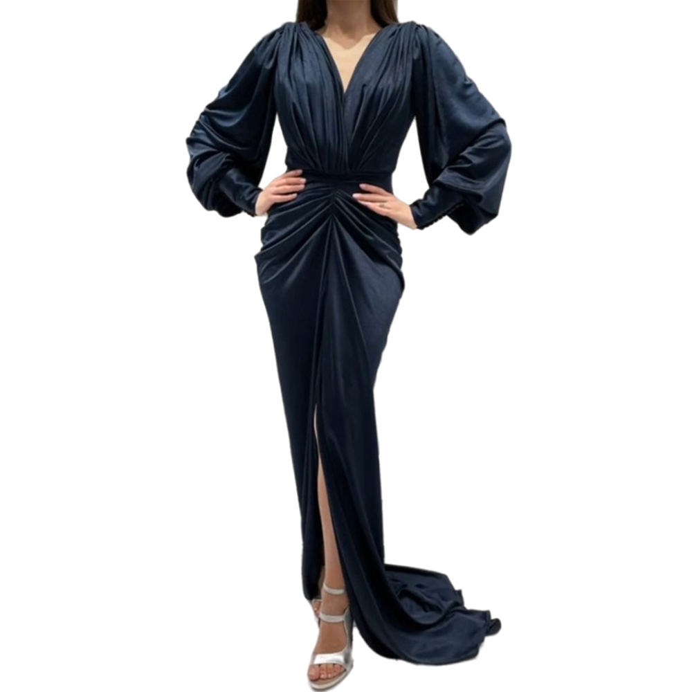 Simple Dark Navy Prom Dresses Split Front Long Sleeves V-Neck Satin Formal Evening Gowns Pleats Sheath Special Occasion Dress
