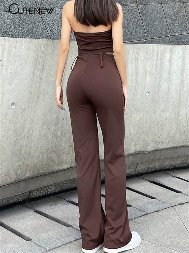 Women's Two Piece Pants Cute Y2K Elegant Trend Two Piece Sets Women Strapless TopHighWaist StraightLeg Pants Brown Solid Casual Streetwear Outfit