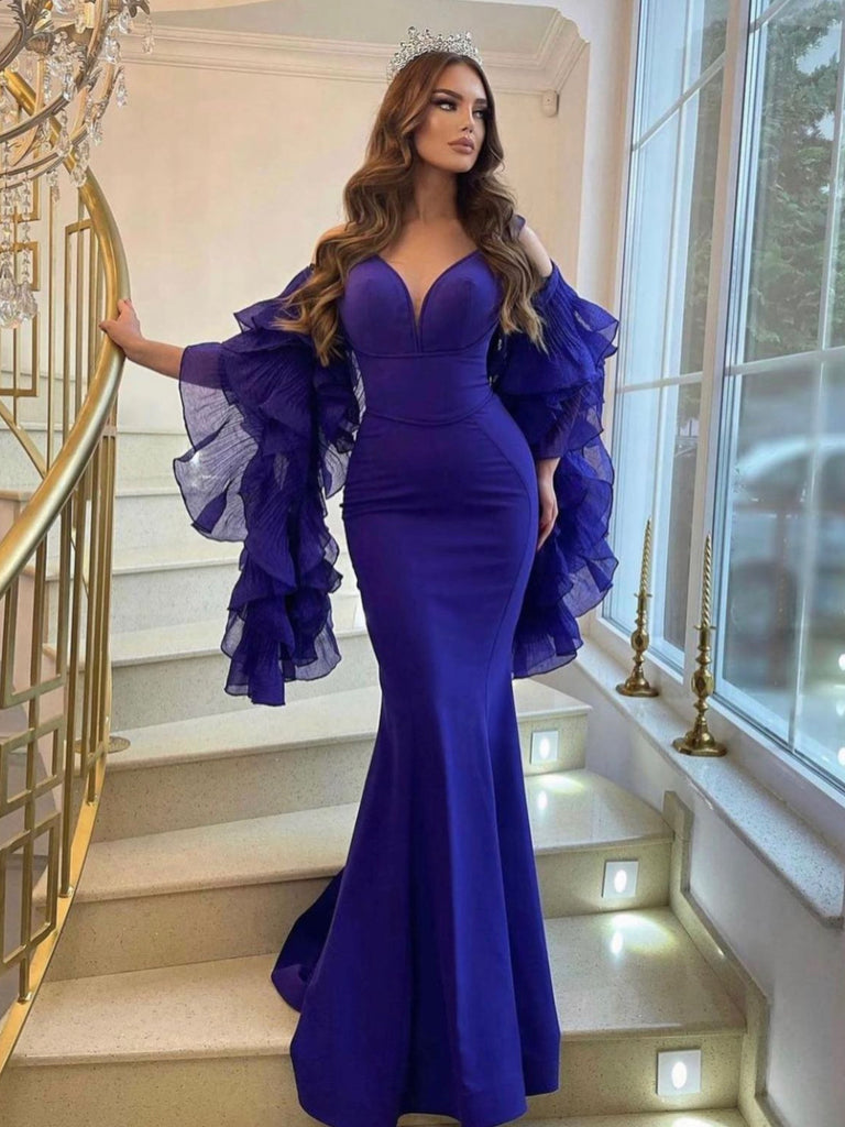 Elegant Arabic Blue Evening Dresses Ruffles Long Sleeves Mermaid Celebrity Gowns Off The Shoulder Straps Maxi Prom Party Dress Simple Satin Robe De So