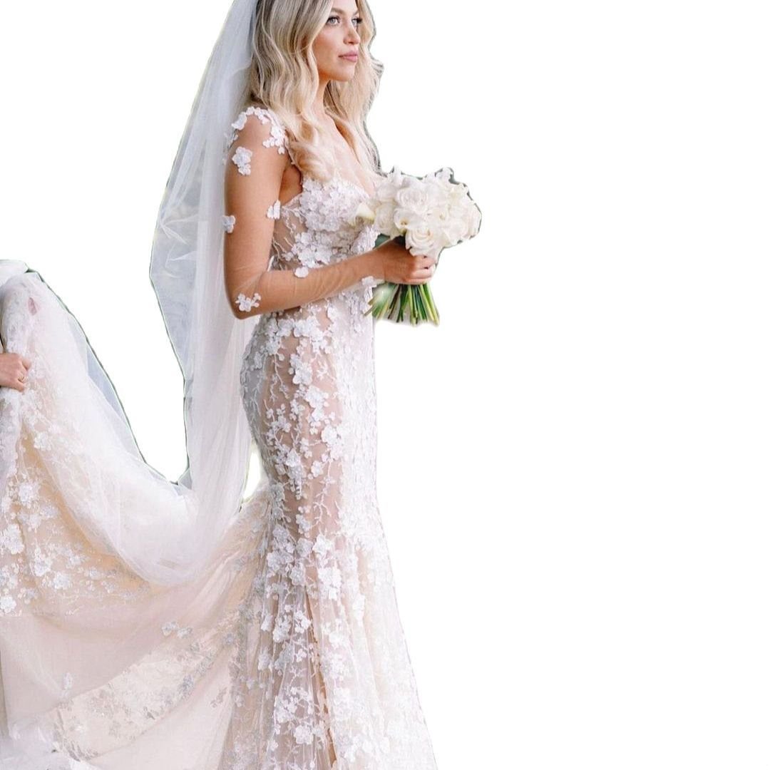 3D Flowers Wedding Dress Sexy V Neck Long Sleeve Bridal Gowns Romantic Bride Dresses