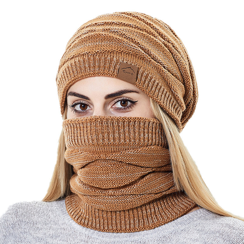 Beanie/Skull Caps Winter Beanie Hats Scarf Set Women Warm Knitted Hat Skull Cap Neck Warmer Thicken Fur Lined Lady Winter Hat Mask Scarf for Women 220