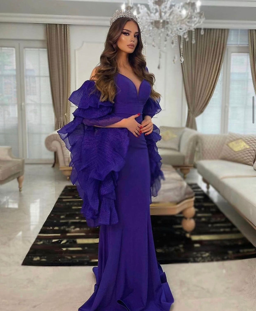 Elegant Arabic Blue Evening Dresses Ruffles Long Sleeves Mermaid Celebrity Gowns Off The Shoulder Straps Maxi Prom Party Dress Simple Satin Robe De So