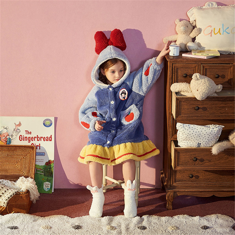Pajamas Children Winter Hooded Cartoon Princess Fleece Set Bow Baby Longer Sleepwear Girls Coral Velvet Home Clothes Robes Thick 220922