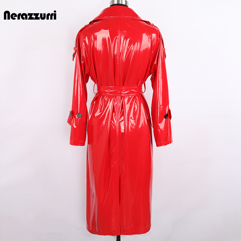 Women s Plus Size Outerwear Coats Nerazzurri Autumn Long Red Waterproof Shiny Reflective Patent Leather Trench Coat for Women Double Breasted Fashion 