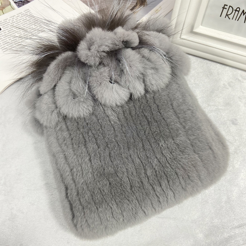 Beanie/Skull Caps Russian Winter Real Fur Hat Natural Rex Rabbit Fur Warm Cap Ladies Knitted 100% Geunine Fur Hats 220922