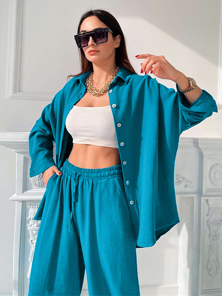 Women's Two Piece Pants Oversized Shirt Tops Harem Pants Sets Women Long Sleeve Shirts Matching 2 Piece Set Casual Spring Single Breasted Top Sui