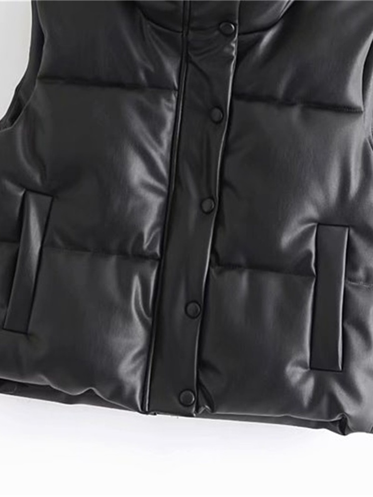 Women's Vests TRAF Women Fashion Leather Cotton Pocket Padded Waistcoat Vintage Sleeveless Female Outerwear Streetwear 220922