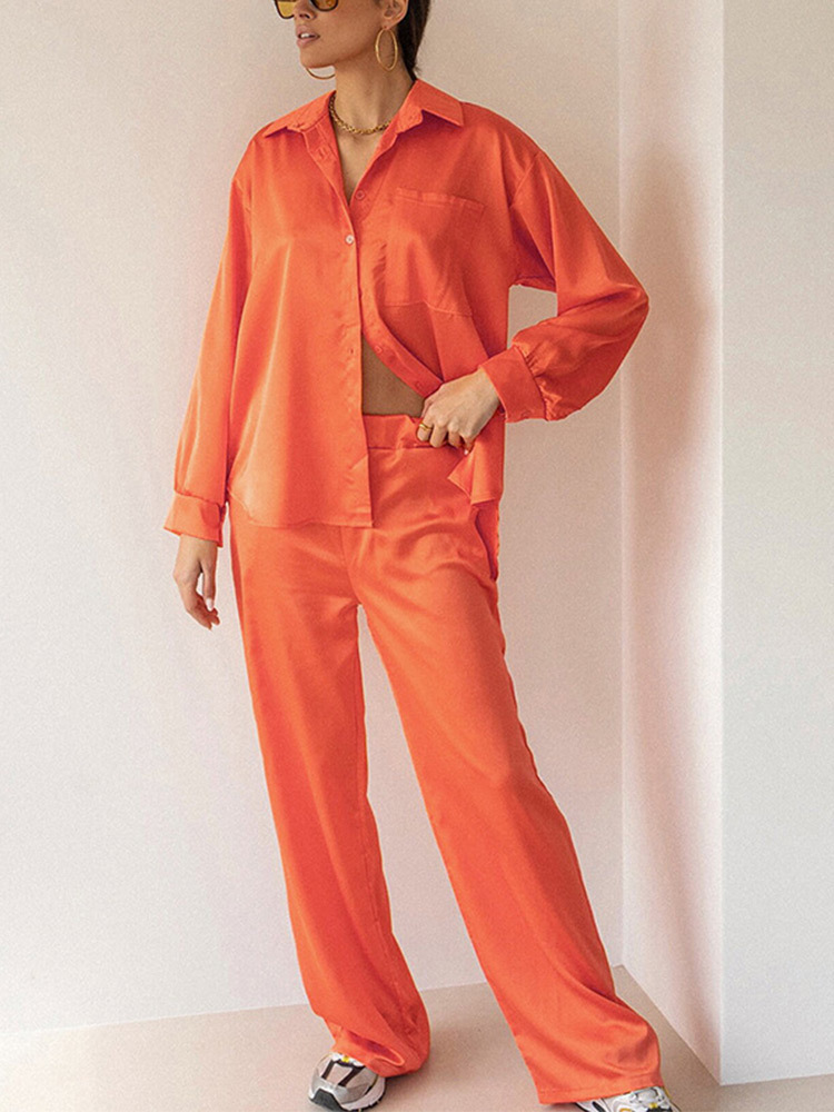 Women's Two Piece Pants Women Casual Satin 2 Piece Set Elegant Soild Female Home Suits Turndown Collar Pocket Blouses And High Wasit Trousers Tra