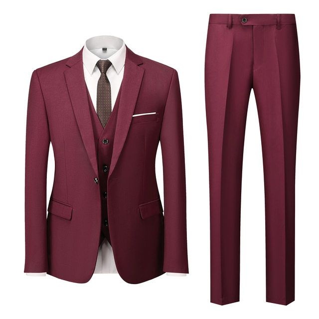 Slim Black Navy Satin Wedding Tuxedos Three Pieces Pant Coat Jacket Man Suits Elegant Burgundy Men Suits Formal Bussiness Groomsman Wear Party Suit