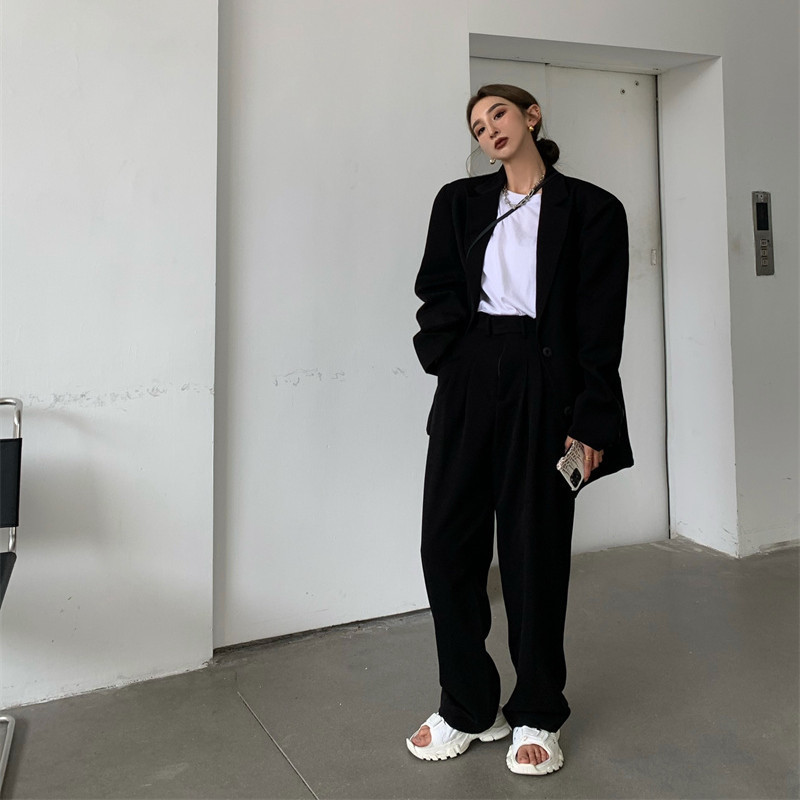 Women's Two Piece Pants Office Lady Blazer Sets Loose Two Piece Set Women Korean Style High Waist Wide Leg Trousers Pants Suits Casual Suit Coat 