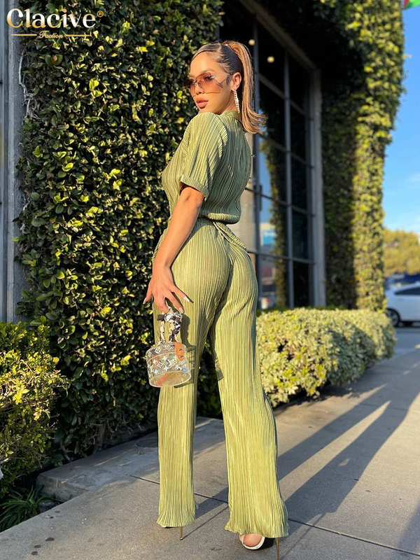 Women's Two Piece Pants Clacive Summer Short Sleeve Shirts Set Woman 2 Pieces Sexy Green Pleated Trouser Suits Female Casual High Waist Wide Pant