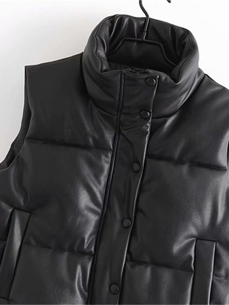 Women's Vests TRAF Women Fashion Leather Cotton Pocket Padded Waistcoat Vintage Sleeveless Female Outerwear Streetwear 220922
